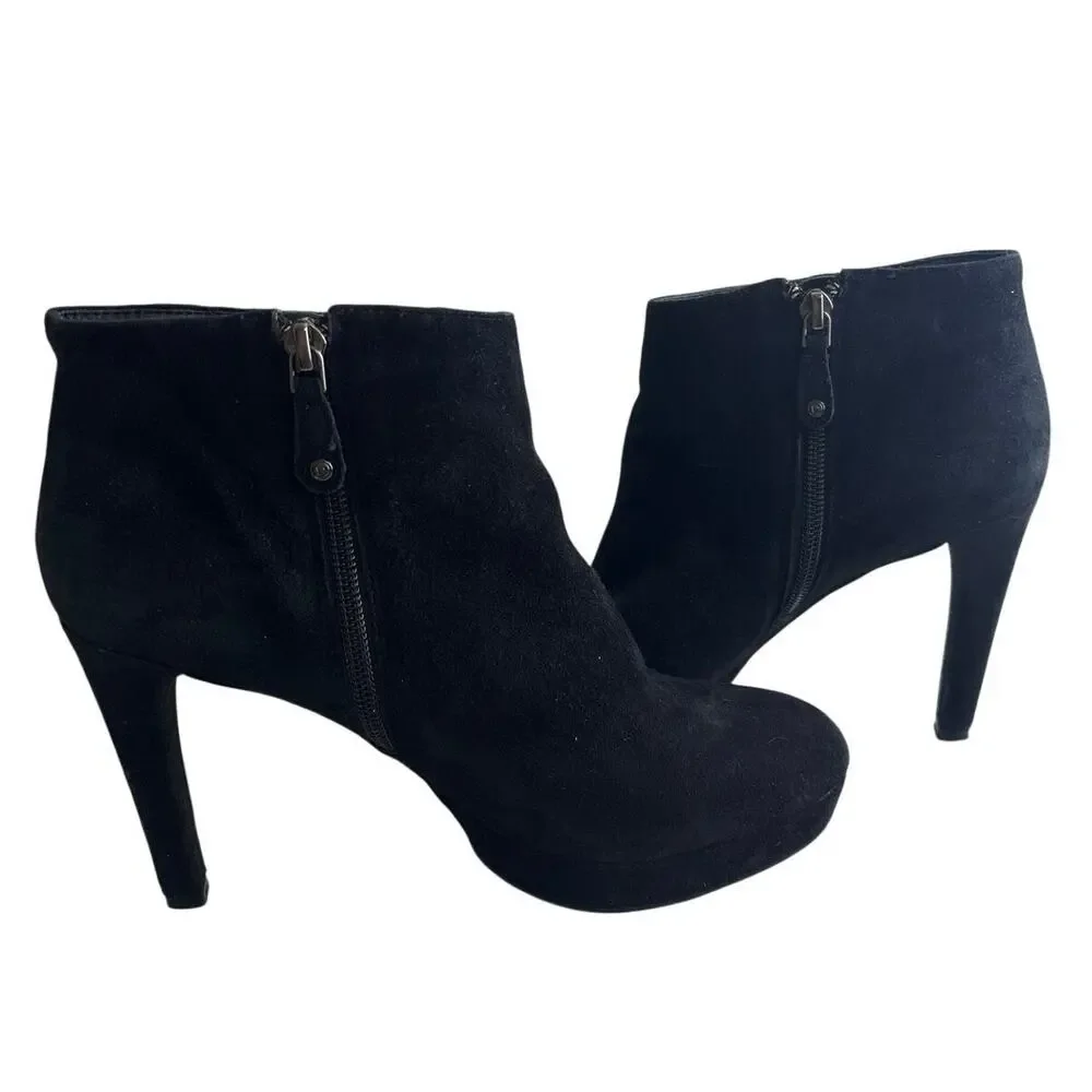 Rockport Black Suede Platform Ankle Boots Size 8 High Heel Zip Booties